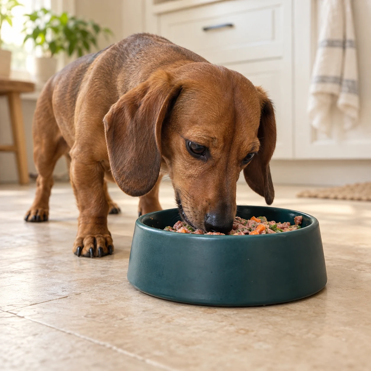 Perro salchicha comiendo de su plato