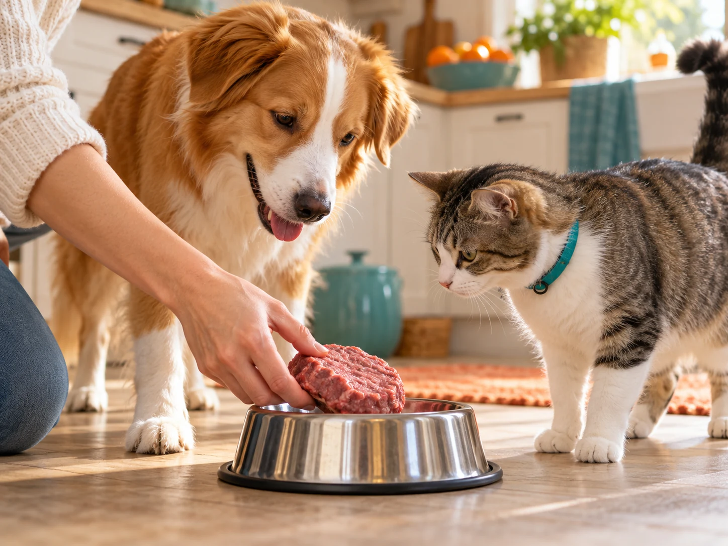 Perro y gato junto a su comida